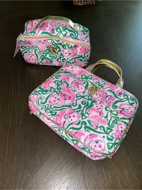 Lilly Pulitzer 2 Cosmetic Bags Pink Quartz Panda N Bows!